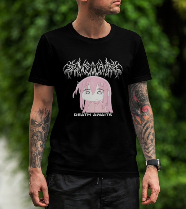 Bocchi The Rock Death Awaits Metal Style Art With Pink-Haired Character T-Shirt