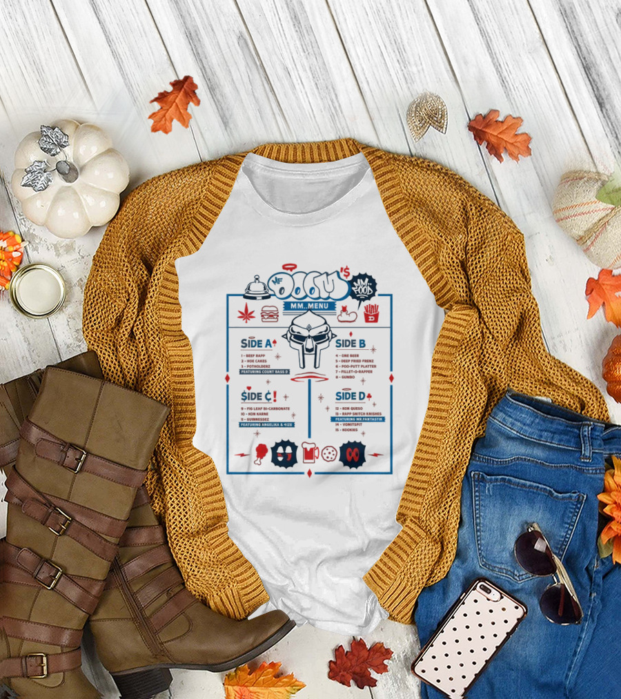 Mf Doom Doom's Diner MM..Food Menu Featuring Beef Rapp and Rap Snitch Knishes T-Shirt