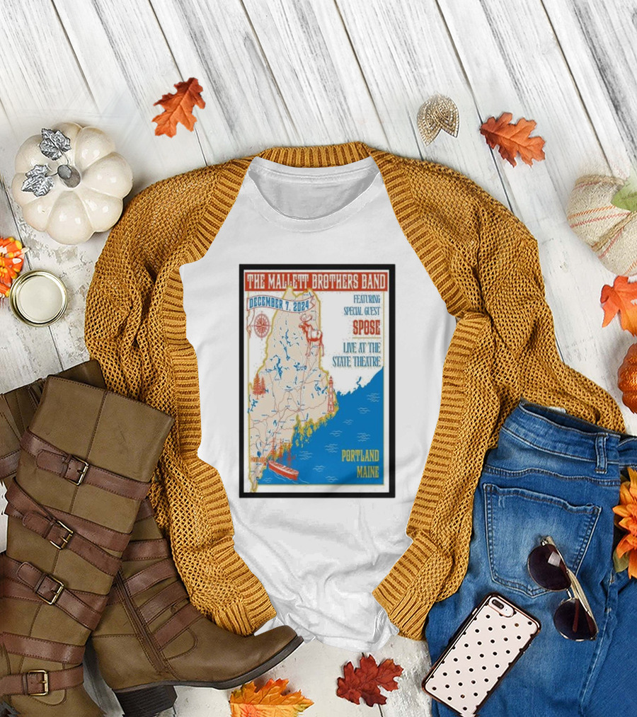 The Mallett Brothers Band Featuring Special Guest Spose December 7 2024 Live at the State Theatre Portland Maine Map T-Shirt