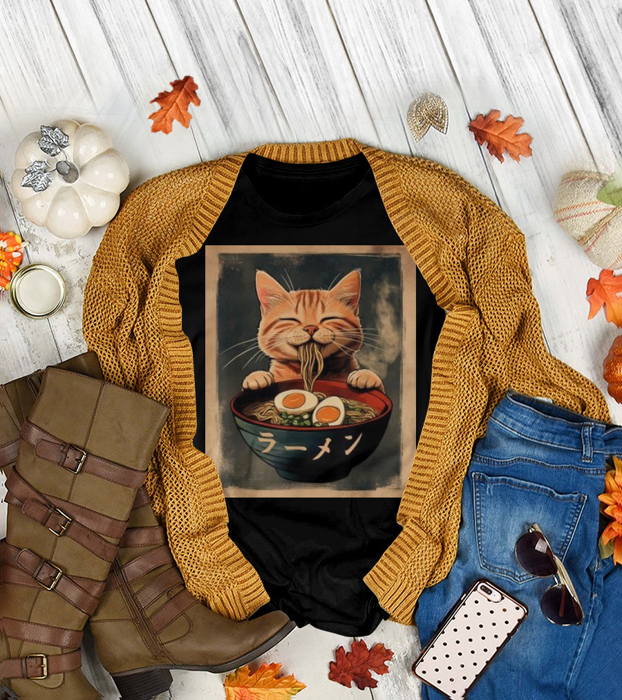 Cat Eating Ramen Kawaii Anime Japanese T-Shirt