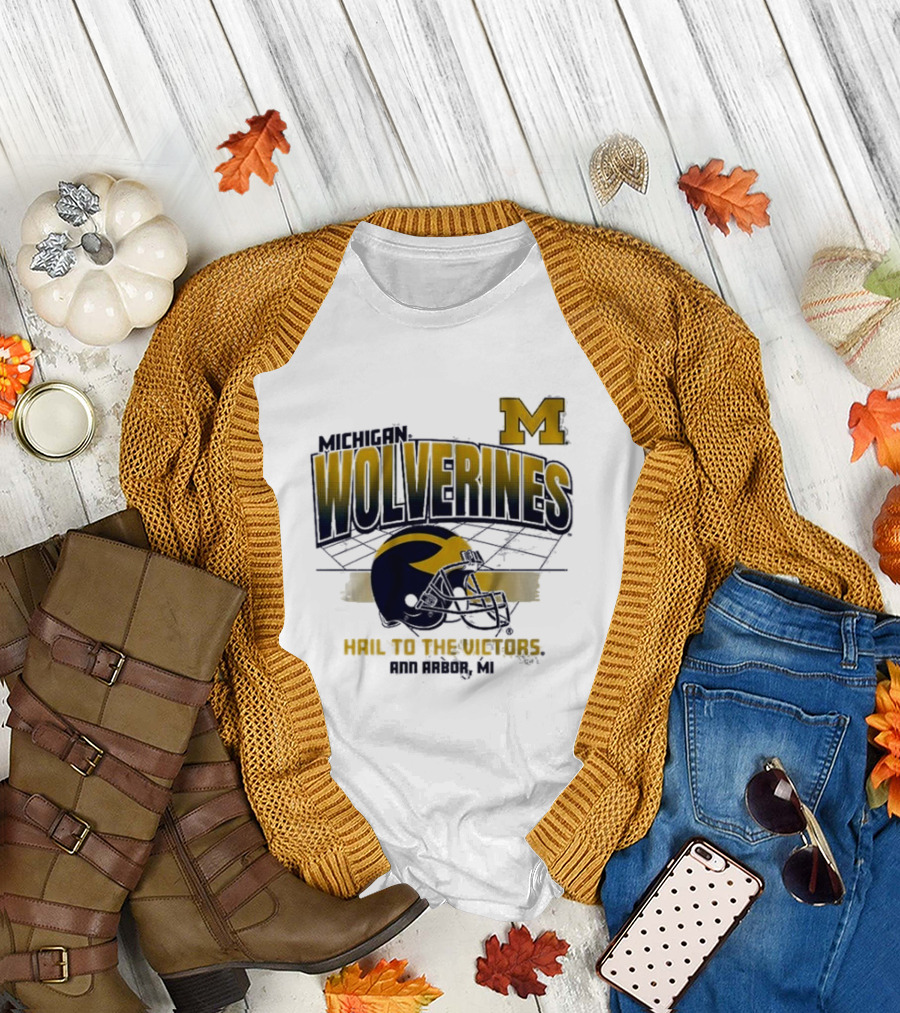 Michigan Wolverines Helmet Hail to the Victors Ann Arbor MI T-Shirt