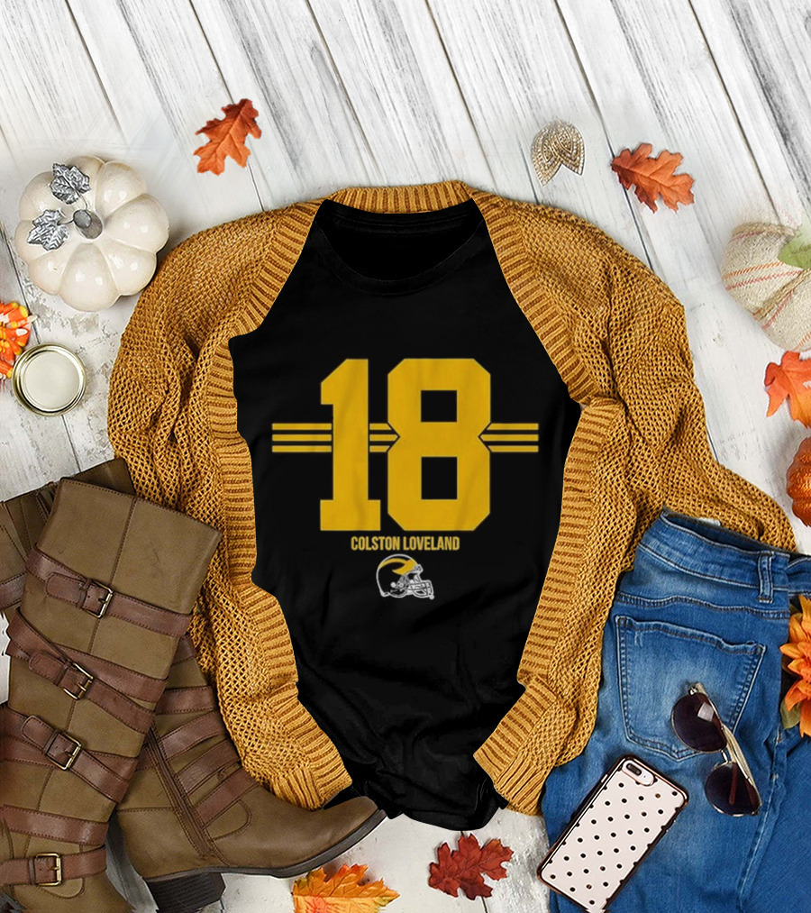 Colston Loveland 18 Michigan Football Helmet Stripe T-Shirt