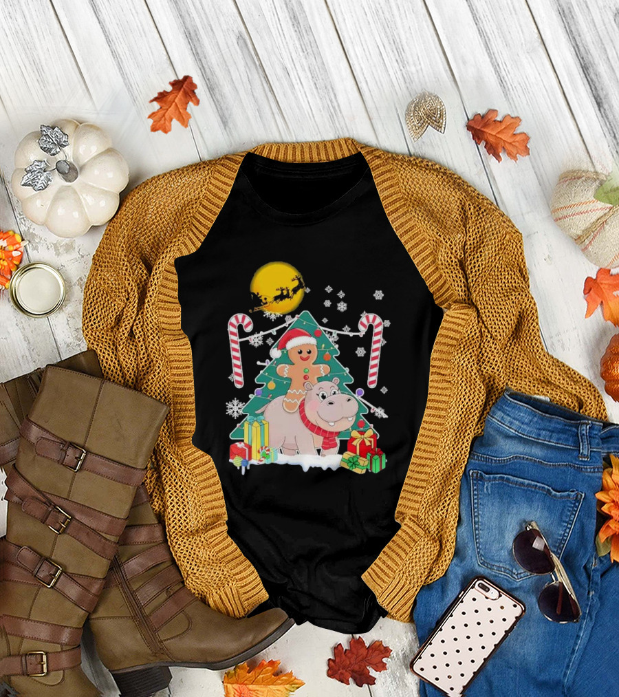 Santa Gingerbread Riding Hippo Christmas Candy Canes Snowflake Christmas Tree T-Shirt