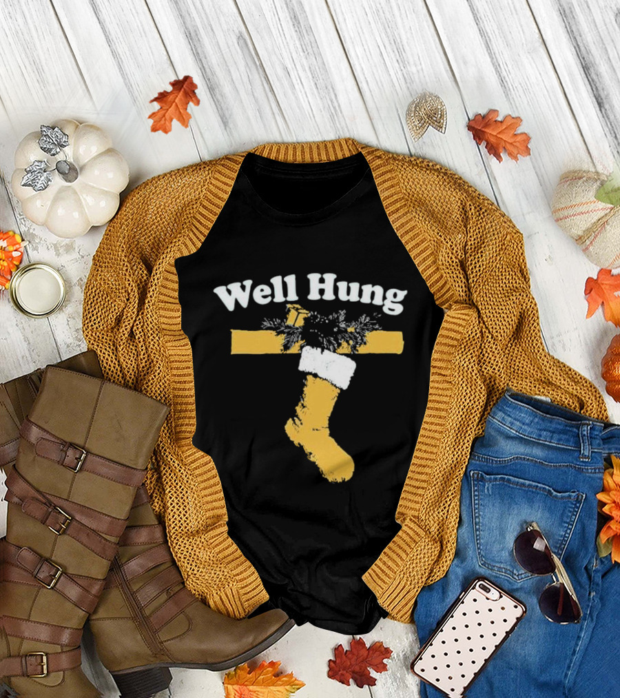 Well Hung Christmas Stocking Shot with Garland and Gift T-Shirt