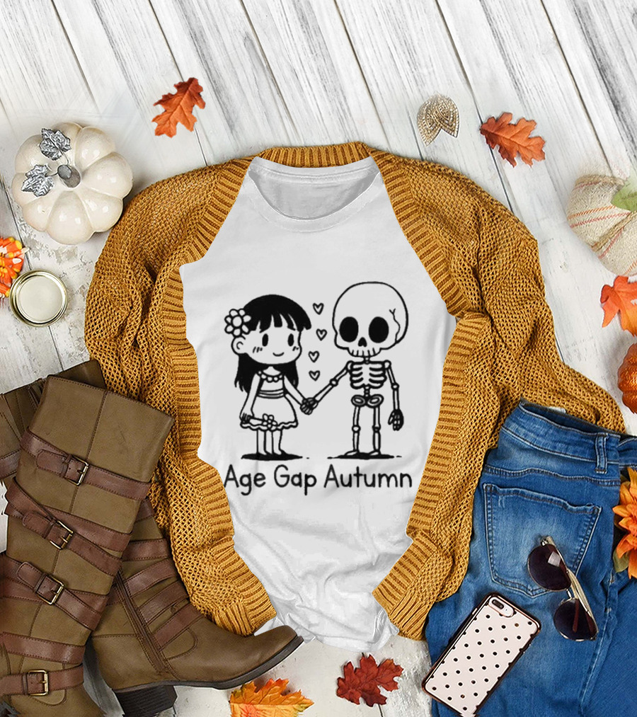 Age Gap Autumn Girl and Skeleton Holding Hands with Hearts T-Shirt
