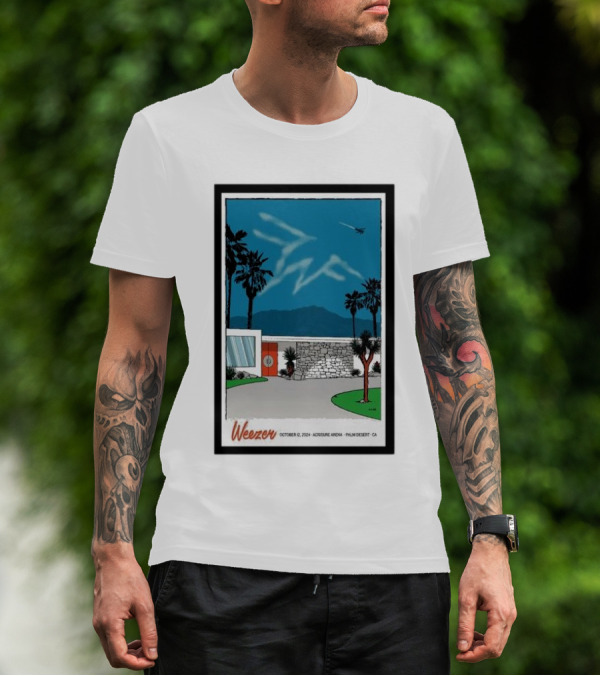 Weezer October 12 2024 Acrisure Arena Palm Desert CA Desert Scene With Jet And Palm Trees T-Shirt