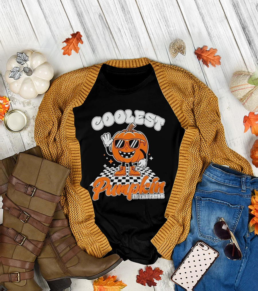 Coolest Pumpkin In The Patch Halloween 2024 Black and White Checkered Background Sunglasses T-Shirt
