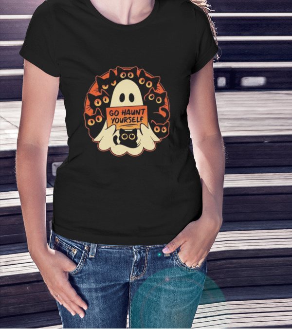 Go Haunt Yourself Ghost Surrounded By Black Cats Lucy Felthouse T-Shirt