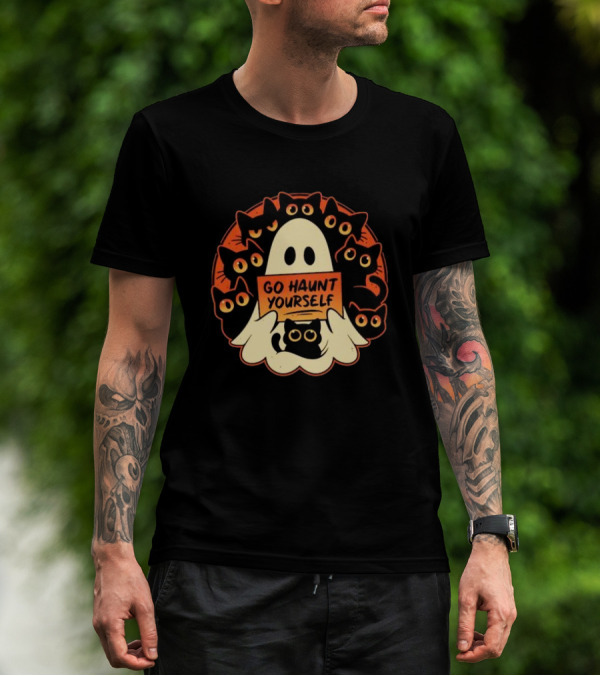 Go Haunt Yourself Ghost Surrounded By Black Cats Lucy Felthouse T-Shirt