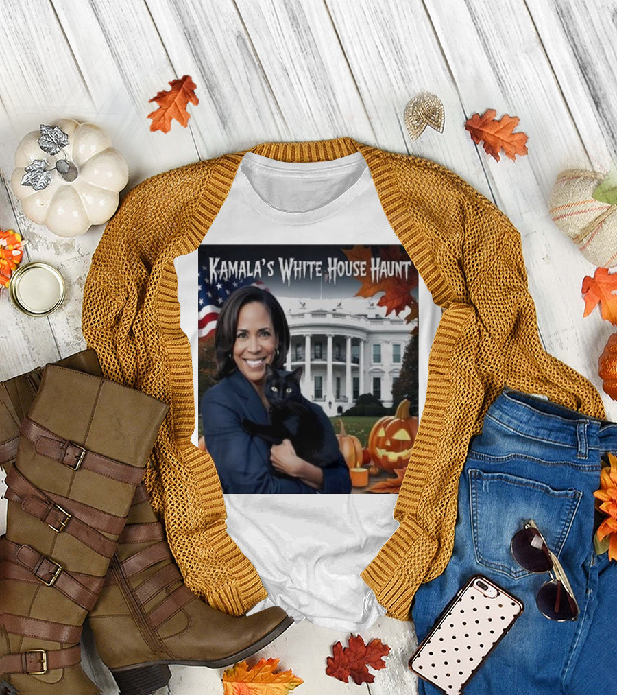 Kamala Harris White House Haunt Halloween 2024 with Black Cat and Pumpkins T-Shirt