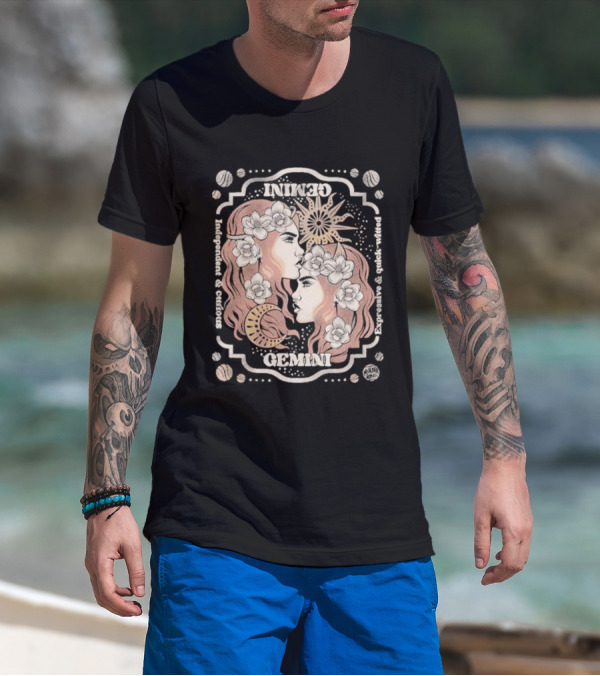 Gemini Independent Curious Expressive Quick Witted Zodiac Sun Moon Floral T-Shirt