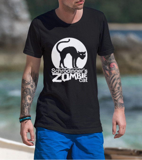 Schrodinger's Zombie Cat Black Silhouette With Round Moon Background T-Shirt