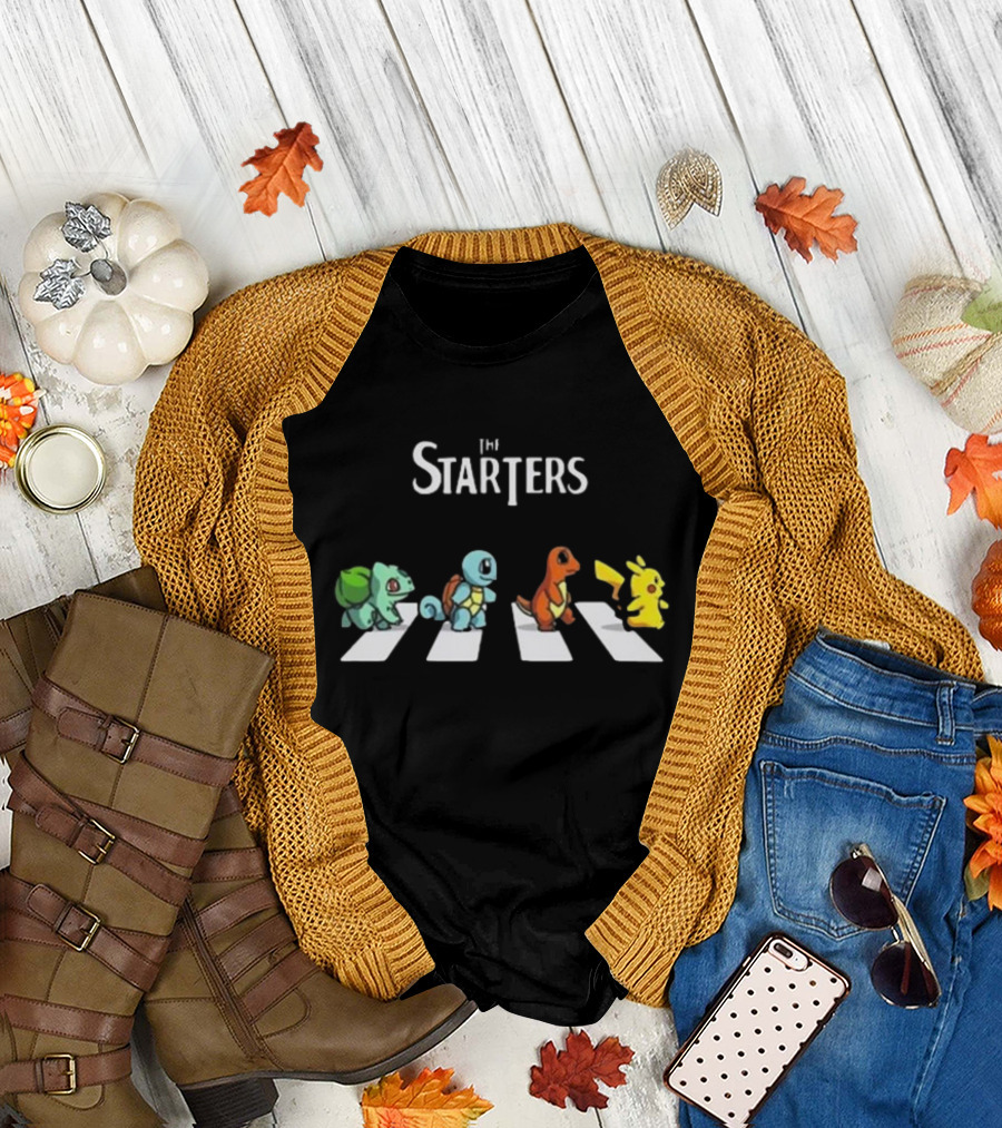 The Starters Pokemon Abbey Road Parody with Bulbasaur Squirtle Charmander Pikachu T-Shirt
