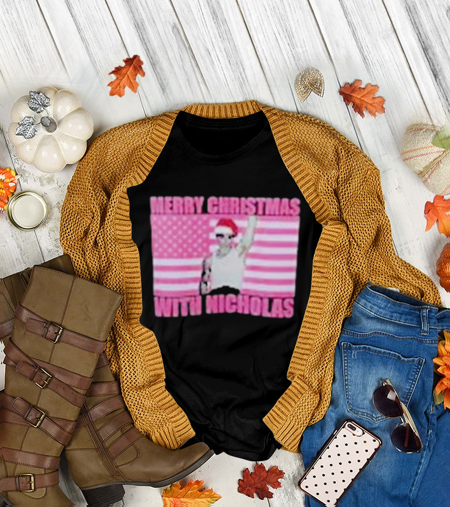 Merry Christmas With Nicholas Festive Santa Hat USA Flag T-Shirt