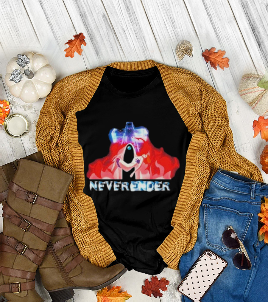Neverender Spaceship and Mysterious Figure with Fiery T-Shirt