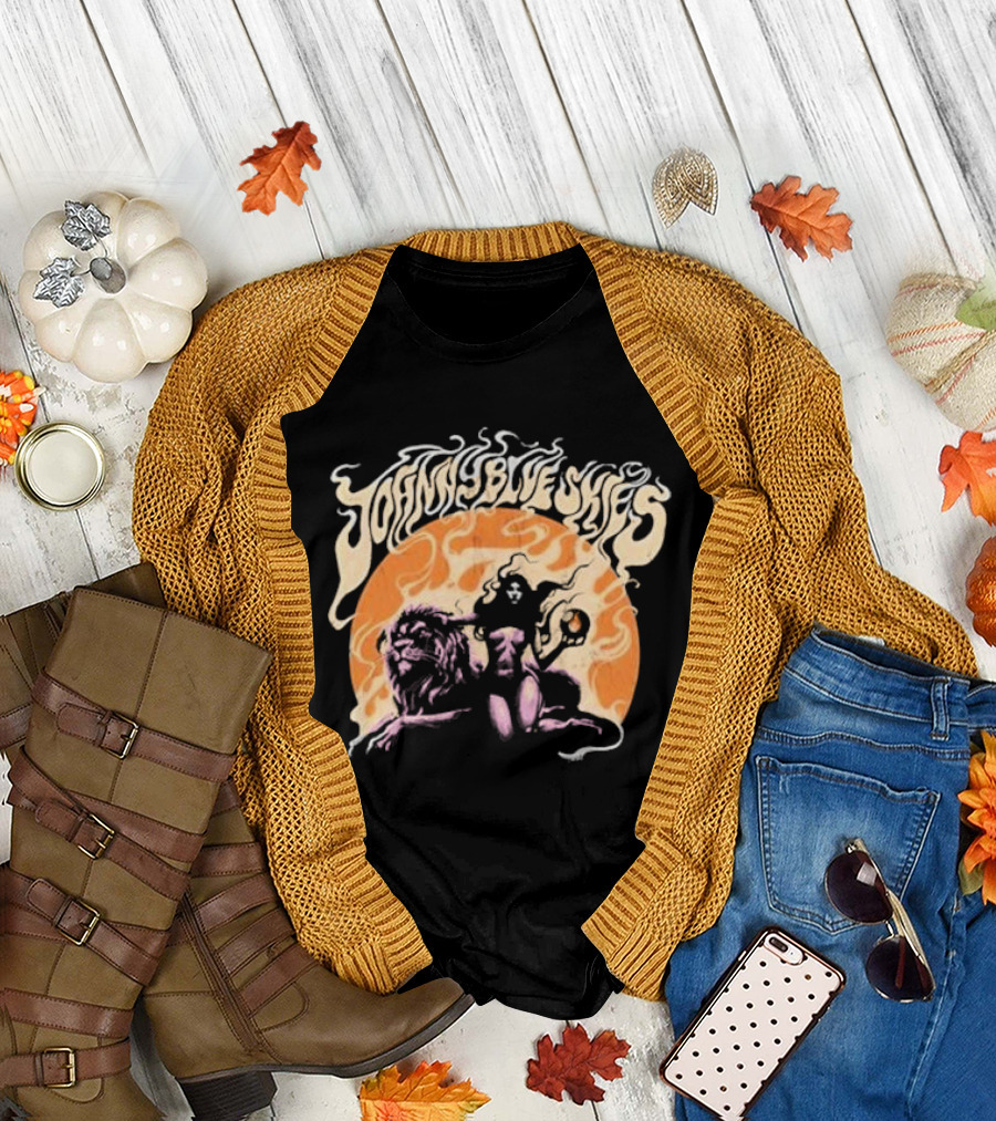 Johnny Blue Skies Sorceress with Lion Orange Background T-Shirt