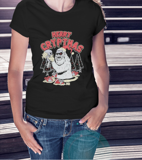 Merry Cryptmas Yeti Skull Santa Dark Humor T-Shirt