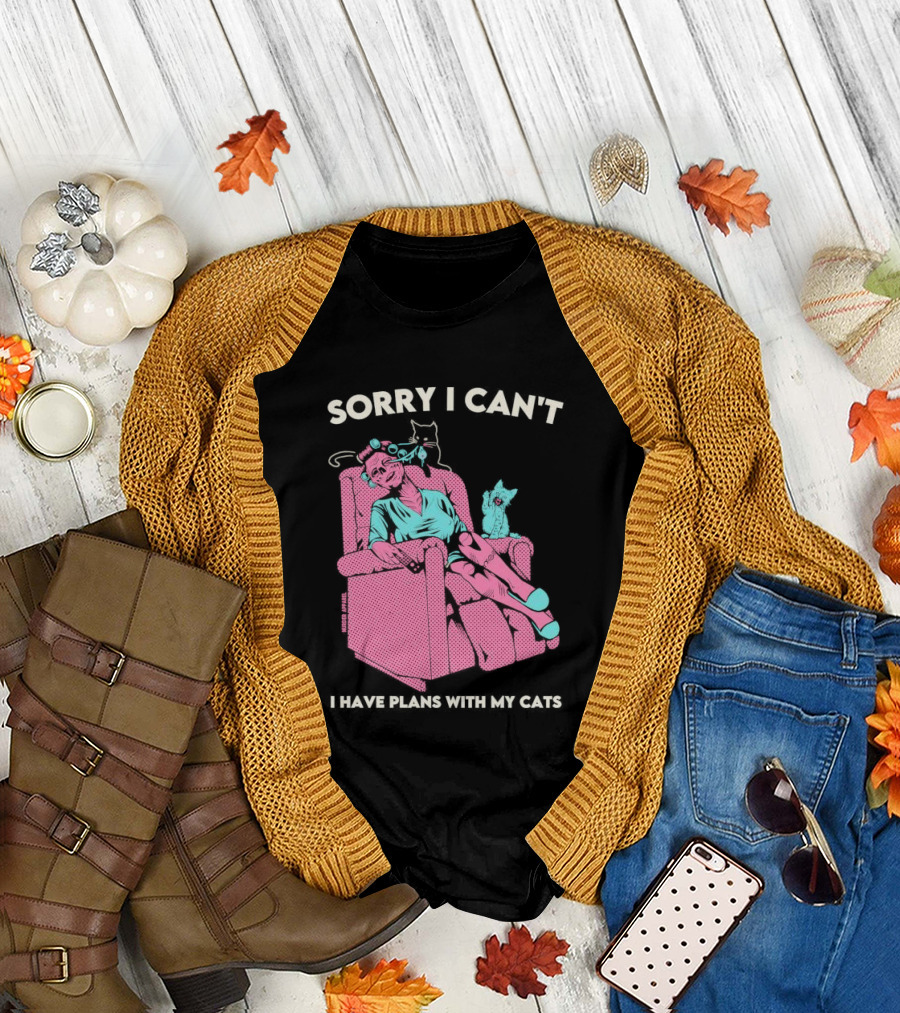 Sorry I Can’t I Have Plans With My Cats Relaxing Woman with Cats T-Shirt