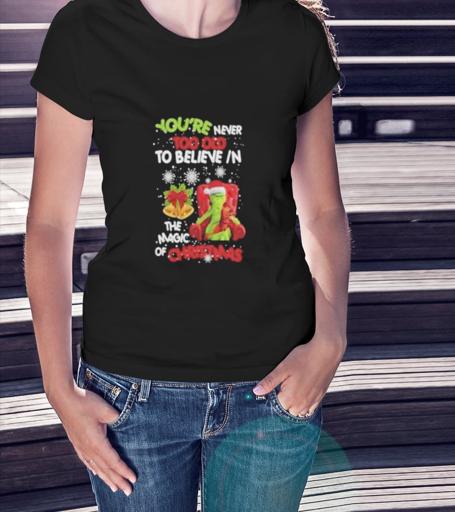 You're Never Too Old To Believe In The Magic Of Christmas With Santa Hat And Chair T-Shirt