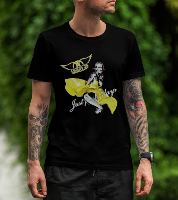Aerosmith Just Push Play Logo With Futuristic Figure And Yellow Dress T-Shirt