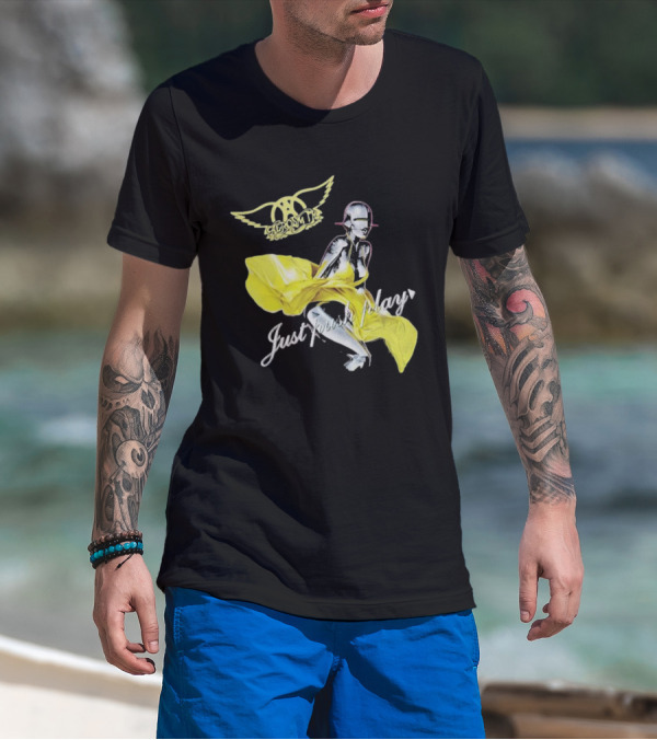 Aerosmith Just Push Play Logo With Futuristic Figure And Yellow Dress T-Shirt