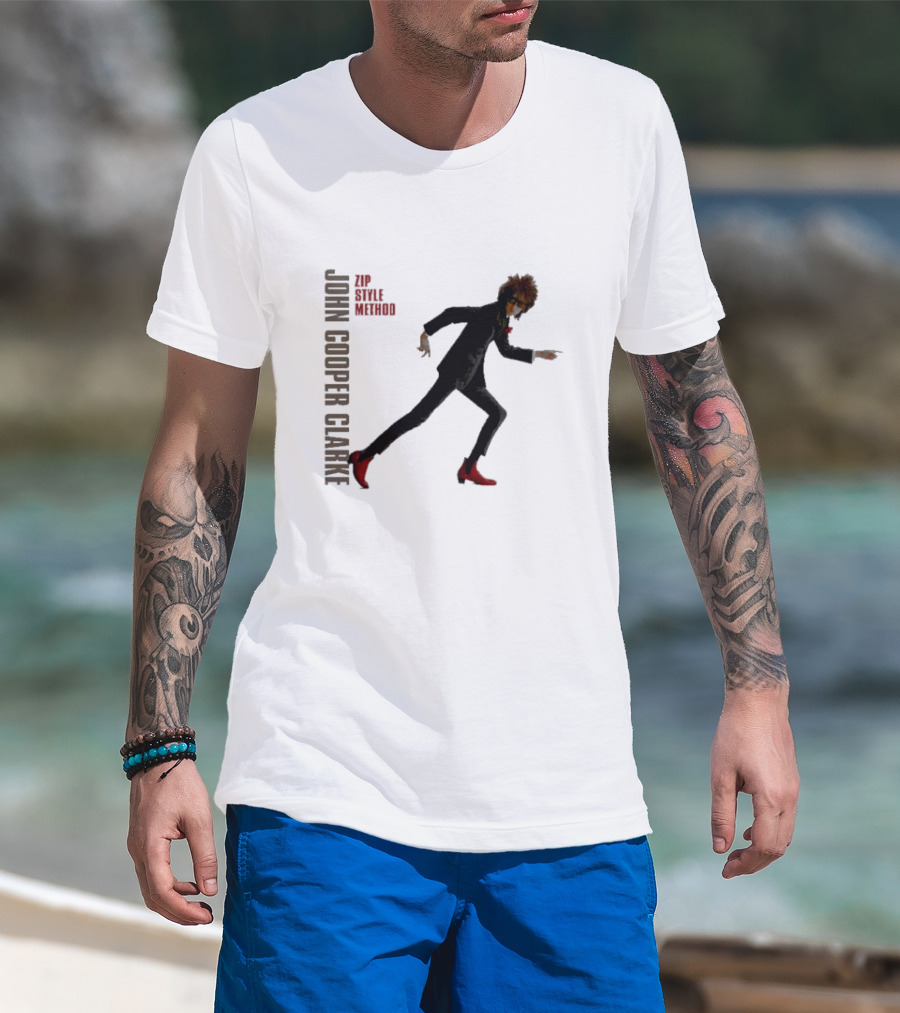 John Cooper Clarke Zip Style Method Dynamic Pose In Red Boots T-Shirt