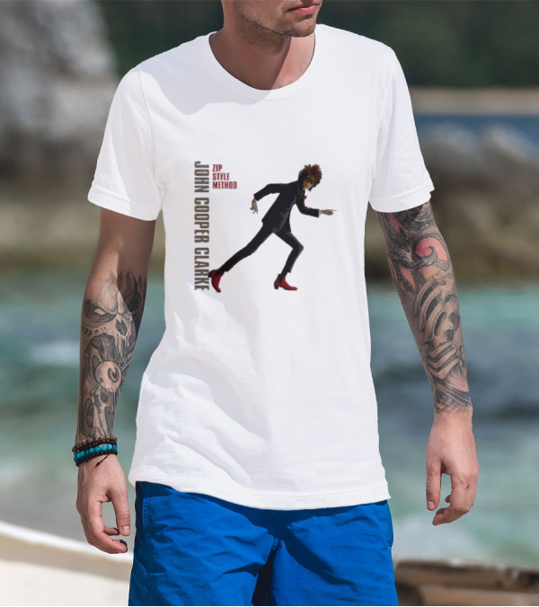 John Cooper Clarke Zip Style Method Dynamic Pose In Red Boots T-Shirt