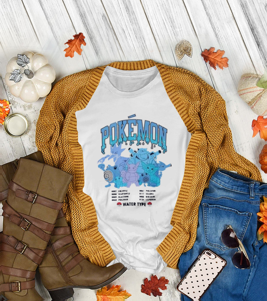 POKEMON Water Type Squirtle Wartortle Blastoise Poliwag Psyduck Golduck Poliwhirl Seadra Vaporeon T-Shirt