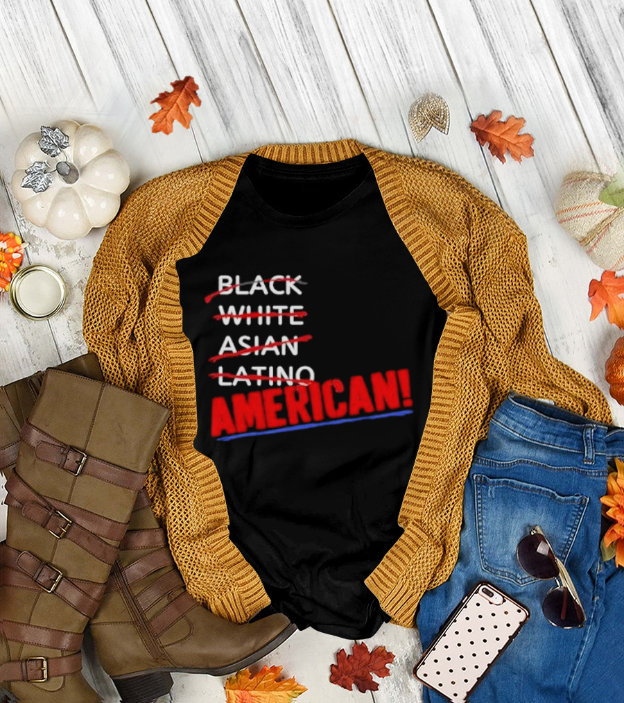 Joy Villa Lifsey Black White Asian Latino Strikethrough American Text T-Shirt