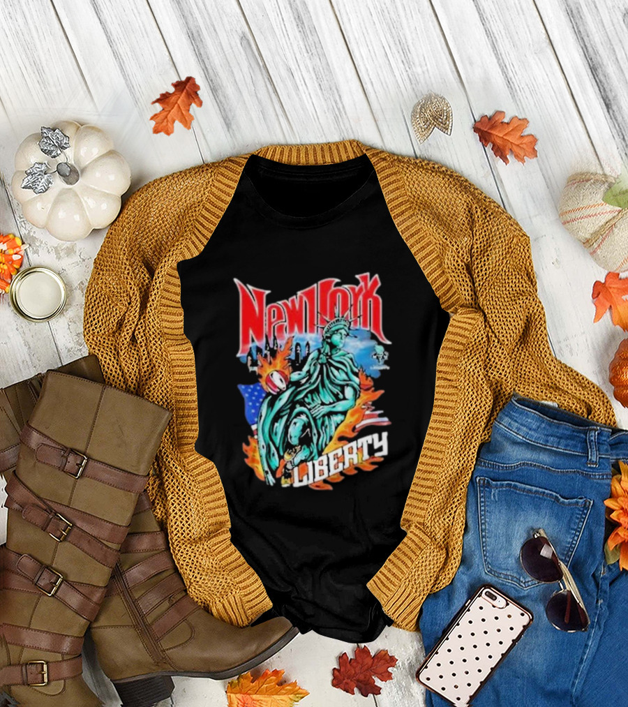 New York Liberty Statue of Liberty with Flames and American Flag Basketball T-Shirt