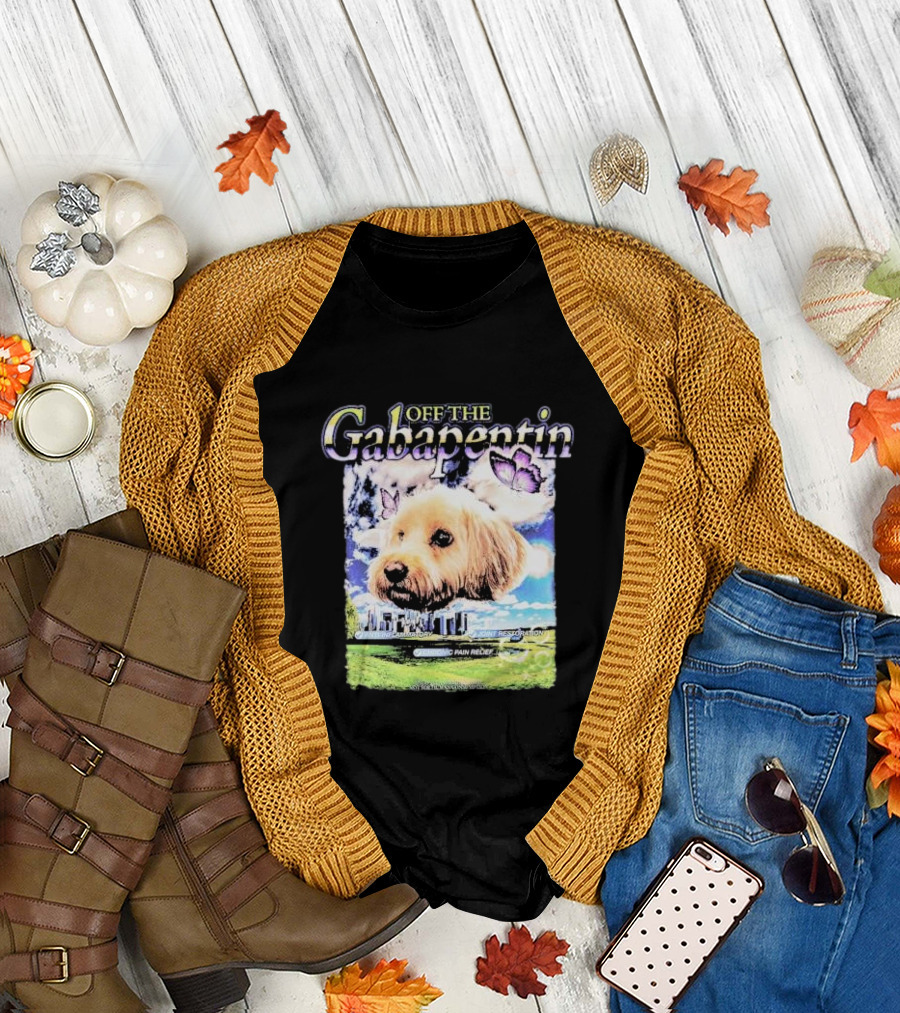 Off The Gabapentin Dog Floating Above Clouds And Stonehenge With Butterflies T-Shirt