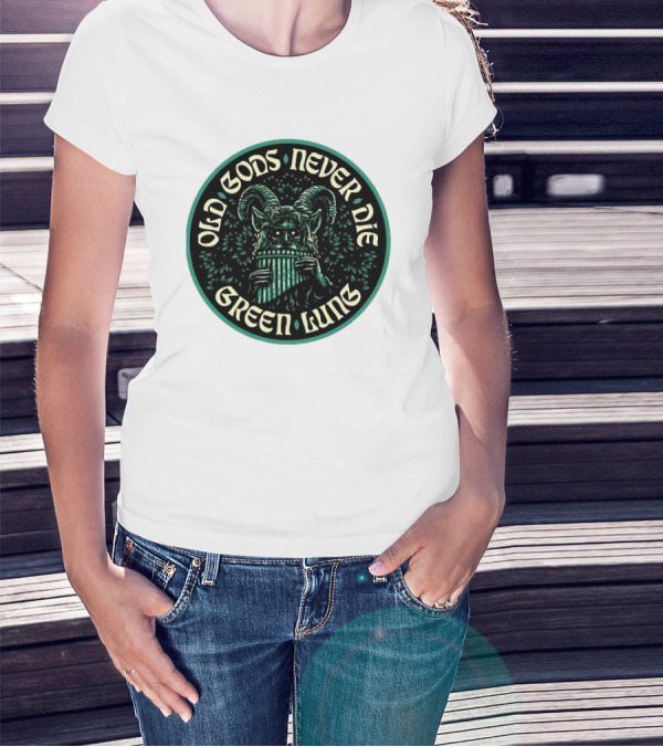 Old Gods Never Die Green Lung Goat-Horned Creature With Pan Flute T-Shirt