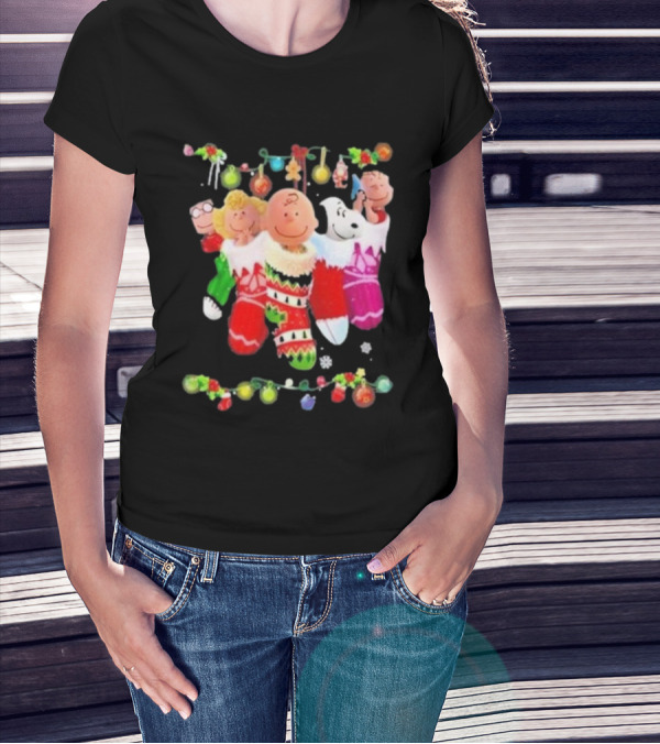 Snoopy Charlie And Friends In Festive Christmas Stockings With Holiday Lights T-Shirt