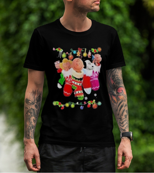 Snoopy Charlie And Friends In Festive Christmas Stockings With Holiday Lights T-Shirt