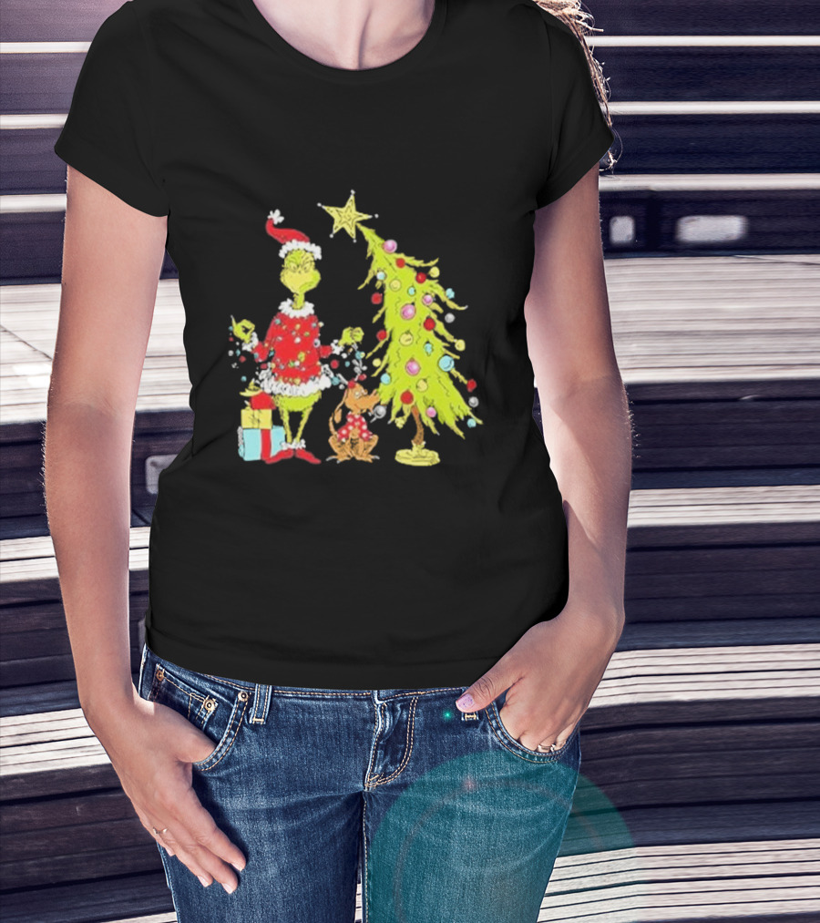 Grinch Christmas Tree With Santa Hat And Max By Presents T-Shirt