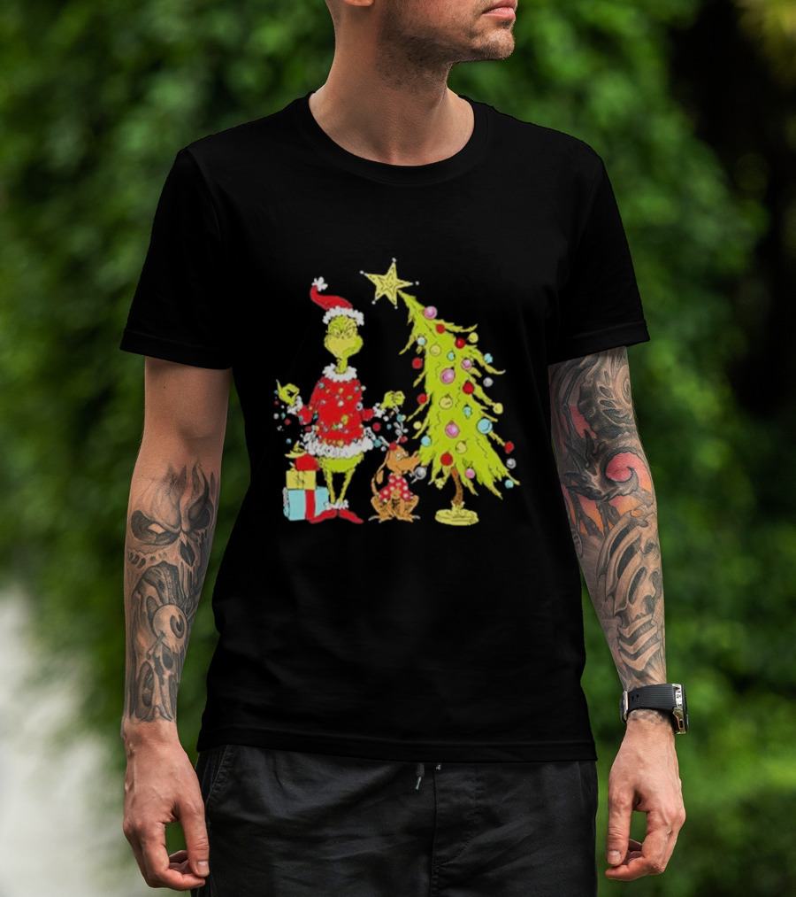 Grinch Christmas Tree With Santa Hat And Max By Presents T-Shirt
