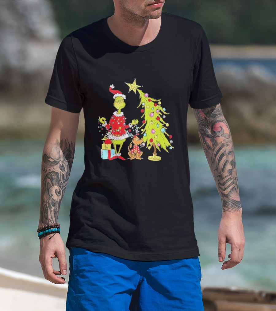 Grinch Christmas Tree With Santa Hat And Max By Presents T-Shirt