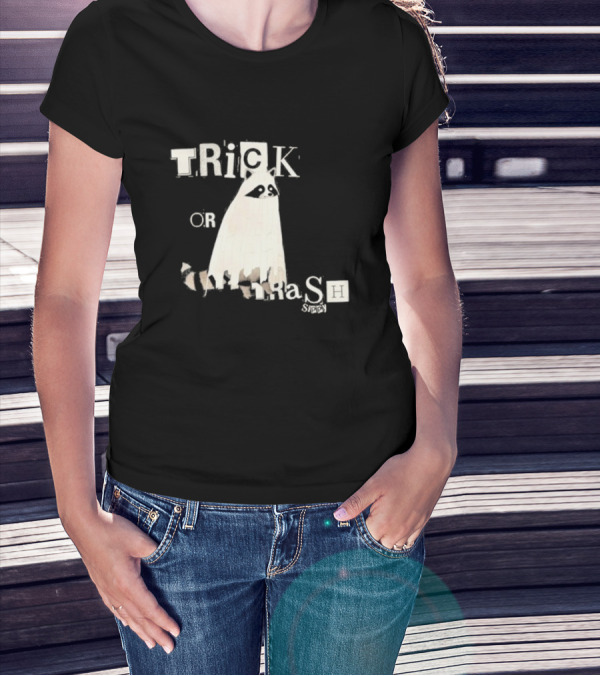 TRICK OR TRASH SIPPY Black Raccoon Ghost Costume T-Shirt