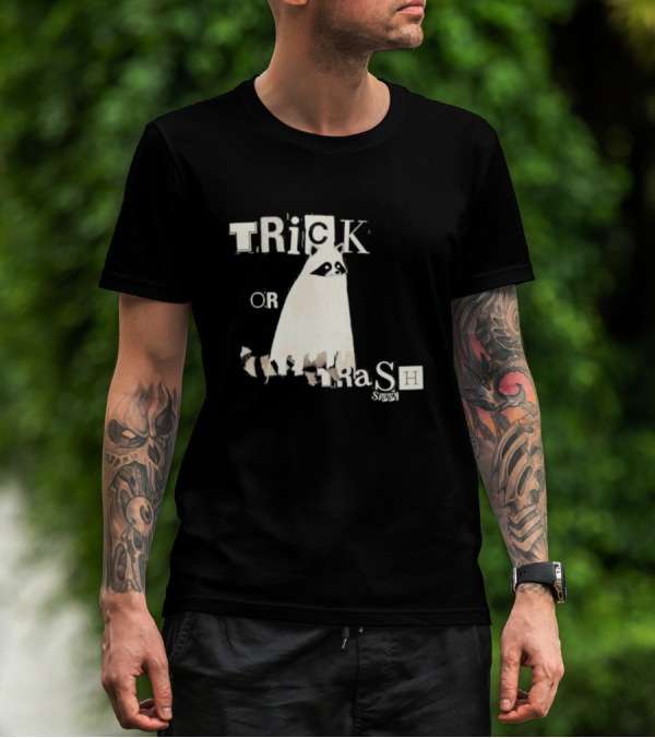 TRICK OR TRASH SIPPY Black Raccoon Ghost Costume T-Shirt