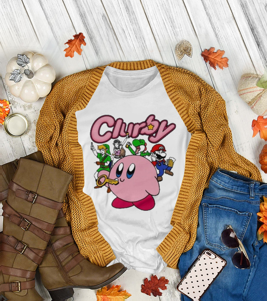 Clurby 2024 Link Mario Yoshi Video Game Crossover Characters Kirby Key T-Shirt