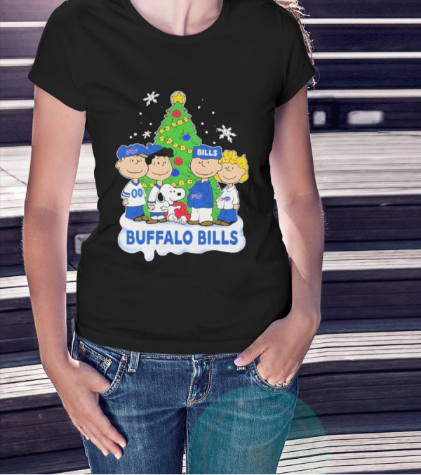 Buffalo Bills Snoopy Christmas Tree Peanuts Characters Holiday Scene T-Shirt