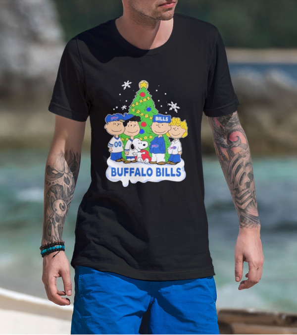 Buffalo Bills Snoopy Christmas Tree Peanuts Characters Holiday Scene T-Shirt