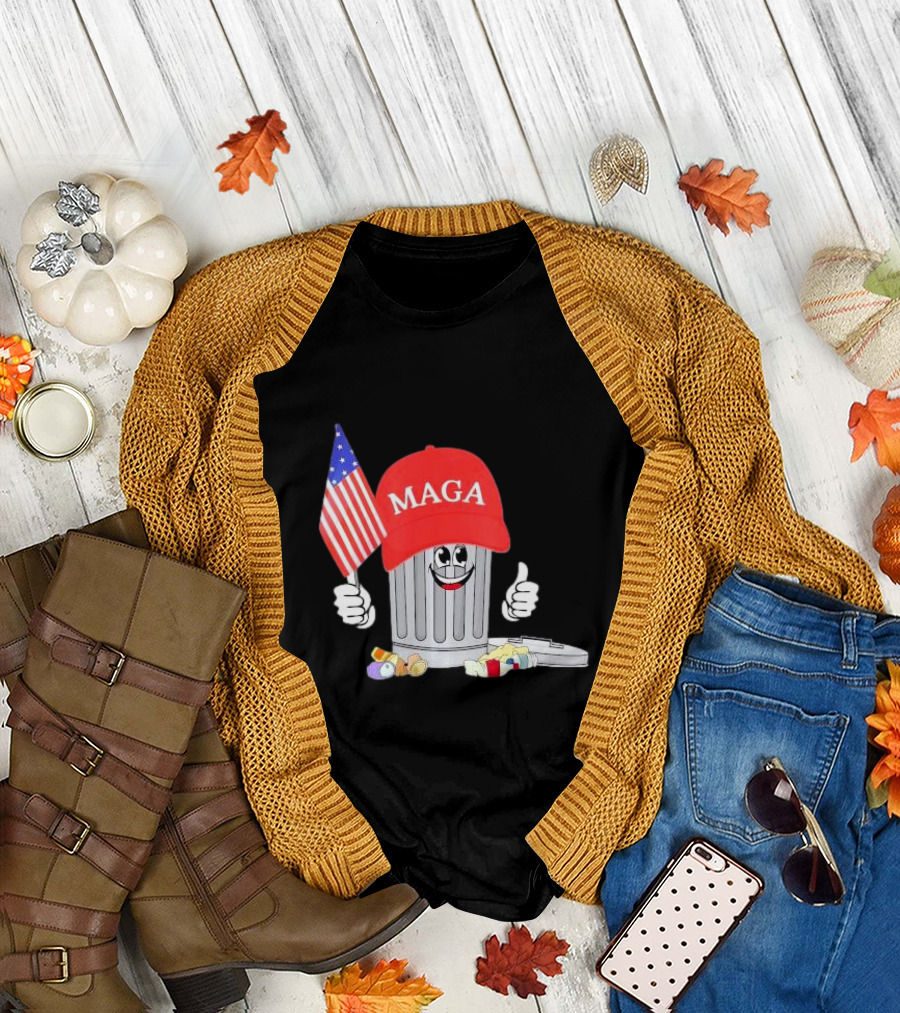 MAGA Garbage Can Cartoon Character Holding American Flag with Trump Hat T-Shirt