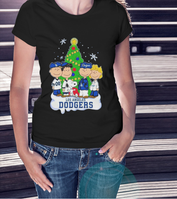 Christmas With Snoopy Los Angeles Dodgers Peanuts Characters And Tree T-Shirt