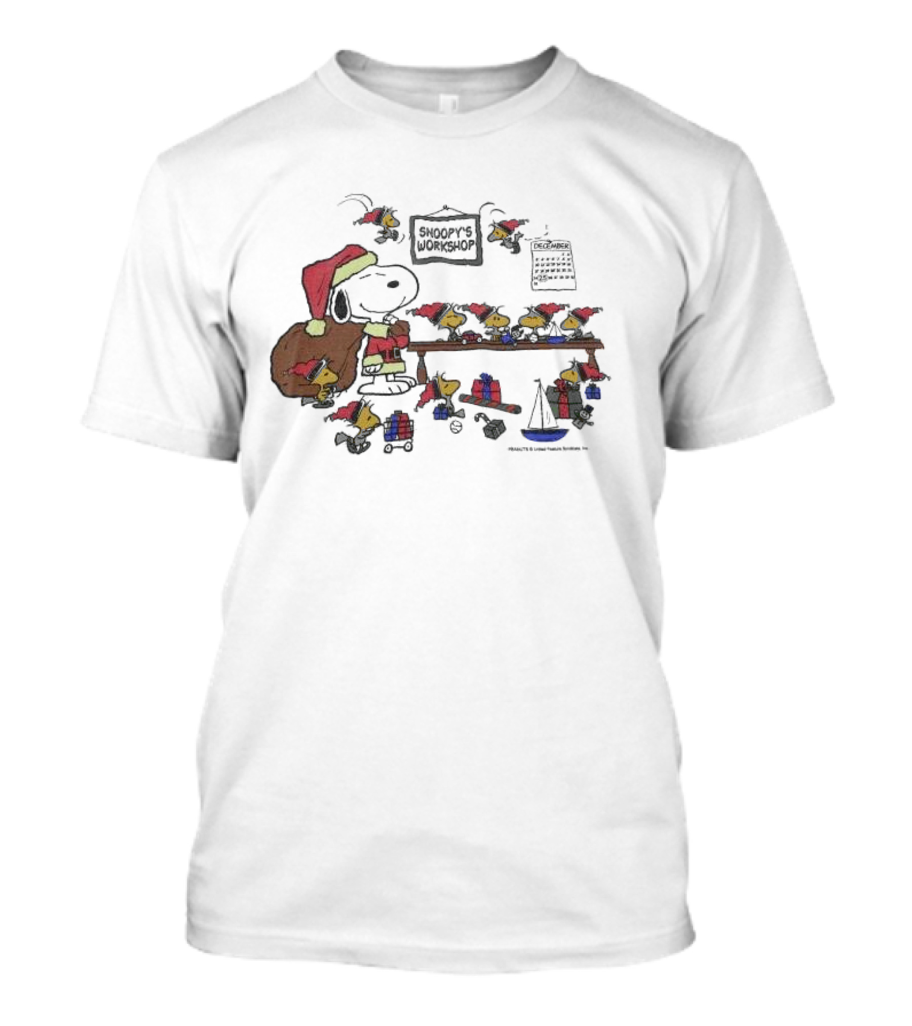 Snoopy's Workshop Peanuts Christmas Snoopy Santa Charlie Brown Woodstock Presents December Calendar T-Shirt