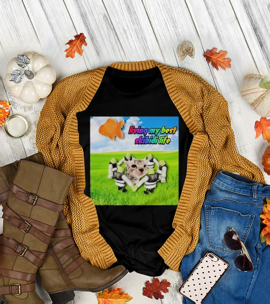 Living My Best Skibidi Life Cat and Dancing Characters with Orange Fish Cloud T-Shirt
