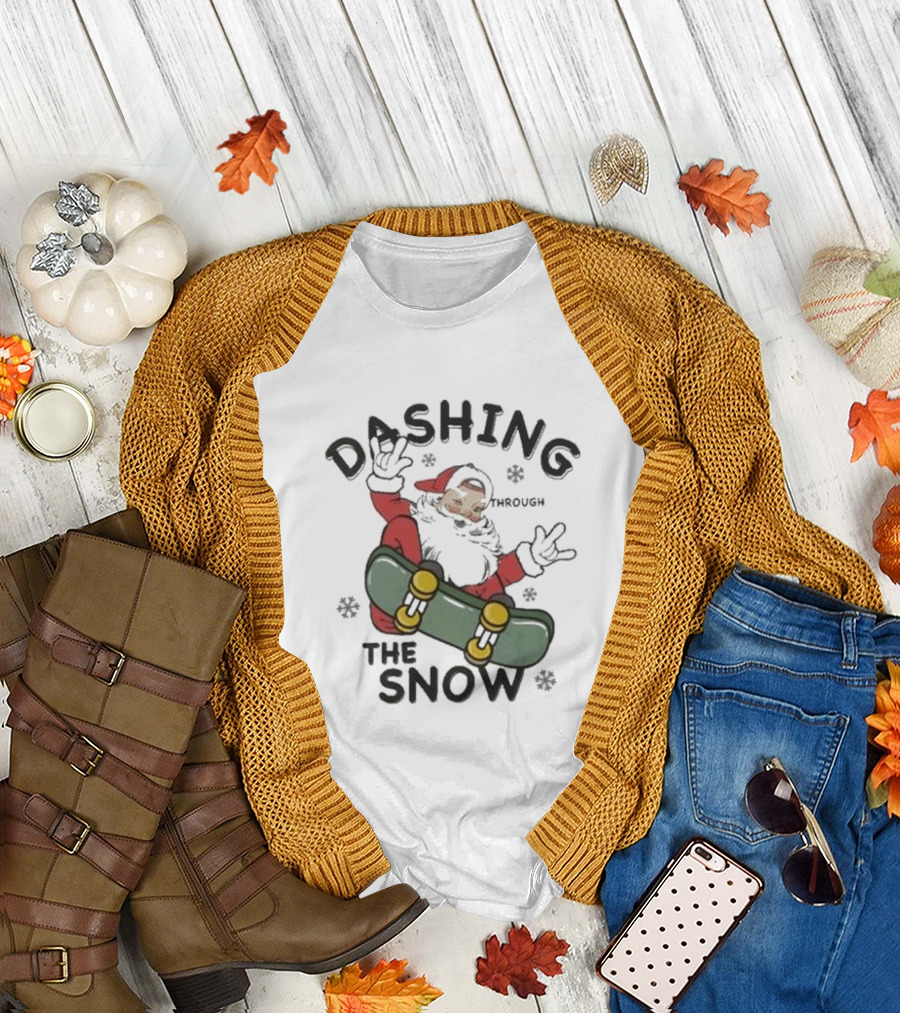 Santa Dashing Through The Snow on Snowboard Christmas T-Shirt