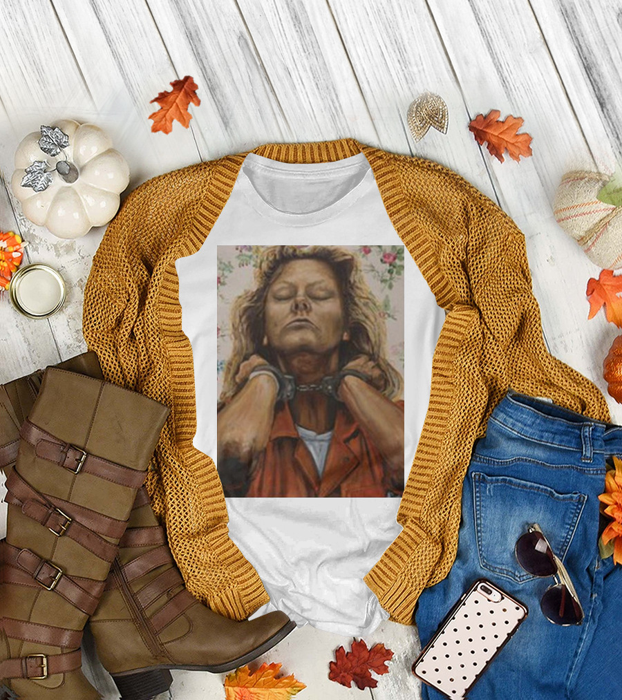 Lyndsay Grimes Aileen Mugshot Portrait with Handcuffs and Floral Background T-Shirt