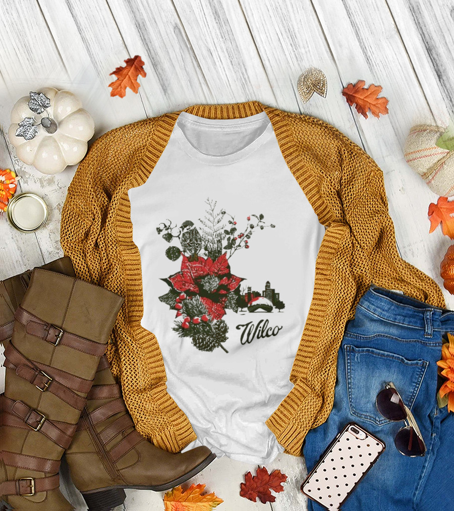 Wilco Holiday Merry Christmas 2024 Festive Poinsettia and Cityscape T-Shirt