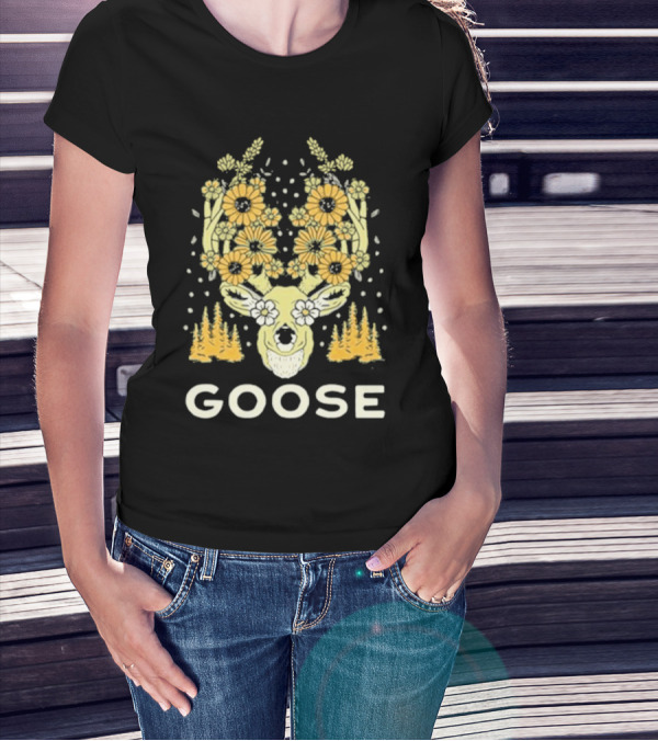 Goose Yellow Floral Antlers With Forest Elements T-Shirt